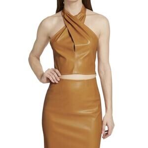 Staud Kai Vegan Leather Halter Crop Top Womens Size 10 Honey NWT $195